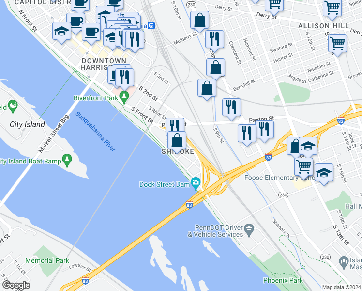 map of restaurants, bars, coffee shops, grocery stores, and more near 558 Race Street in Harrisburg