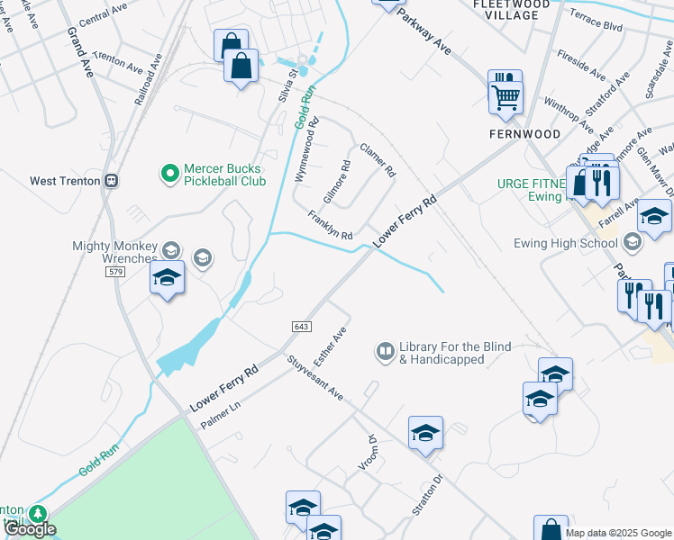 map of restaurants, bars, coffee shops, grocery stores, and more near 865 Lower Ferry Road in Ewing Township
