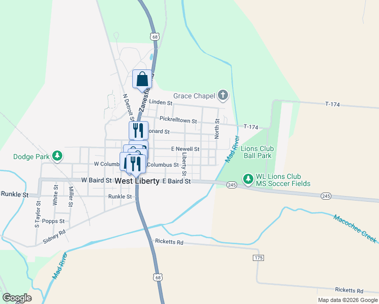 map of restaurants, bars, coffee shops, grocery stores, and more near 208 Washington Street in West Liberty