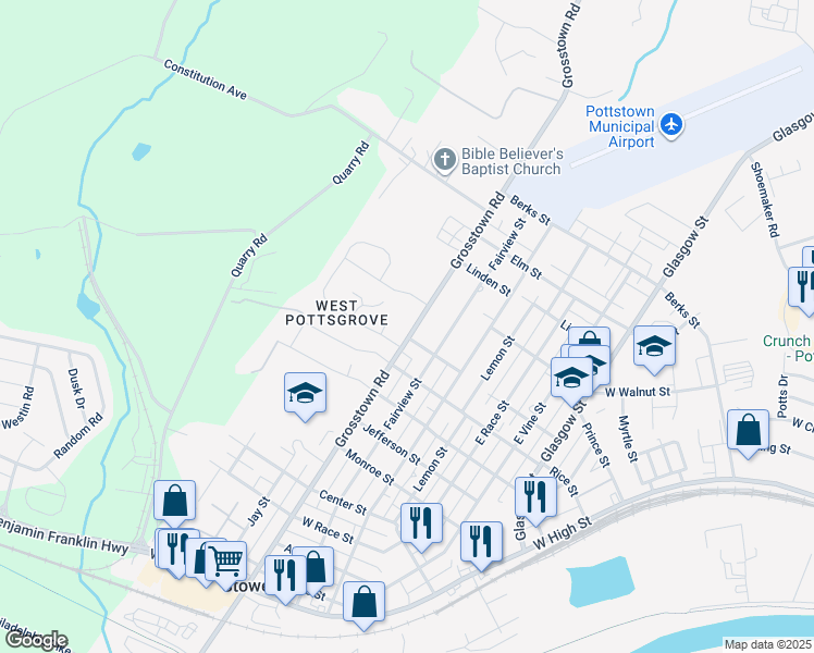 map of restaurants, bars, coffee shops, grocery stores, and more near 435 Grosstown Road in Pottstown