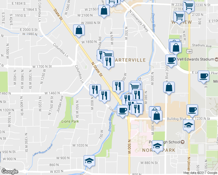 map of restaurants, bars, coffee shops, grocery stores, and more near 1465 North State Street in Provo