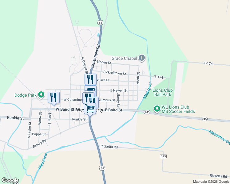 map of restaurants, bars, coffee shops, grocery stores, and more near 229 East Newell Street in West Liberty