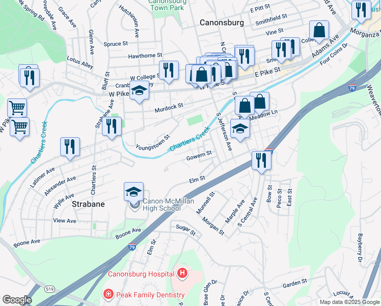 map of restaurants, bars, coffee shops, grocery stores, and more near 204 McShane Street in Canonsburg