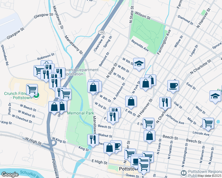 map of restaurants, bars, coffee shops, grocery stores, and more near 31 W 5th St in Pottstown