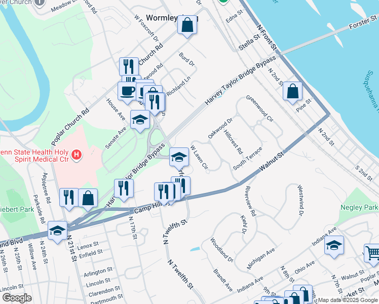 map of restaurants, bars, coffee shops, grocery stores, and more near 5 West Lawn Circle in Wormleysburg