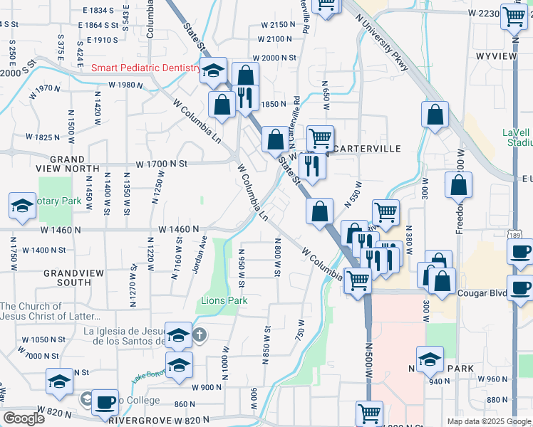 map of restaurants, bars, coffee shops, grocery stores, and more near 820 West Columbia Lane in Provo