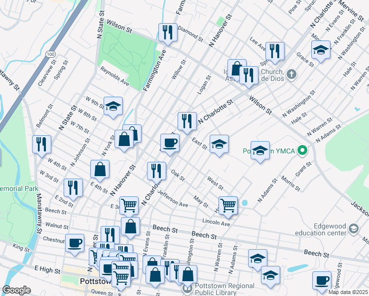 map of restaurants, bars, coffee shops, grocery stores, and more near 520 North Charlotte Street in Pottstown