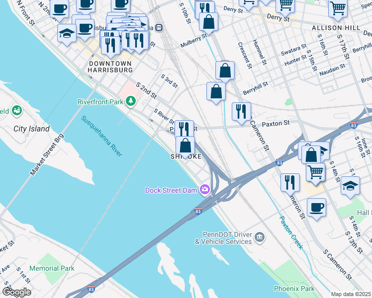 map of restaurants, bars, coffee shops, grocery stores, and more near 548 Race Street in Harrisburg