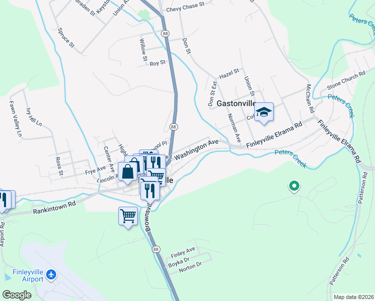 map of restaurants, bars, coffee shops, grocery stores, and more near 3606 Washington Avenue in Finleyville