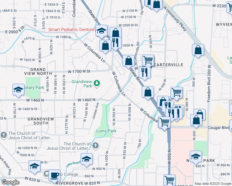 map of restaurants, bars, coffee shops, grocery stores, and more near 1561 West Grandview Lane in Provo