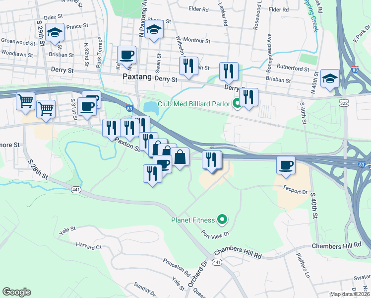 map of restaurants, bars, coffee shops, grocery stores, and more near 3462 Harrisburg East Mall in Harrisburg