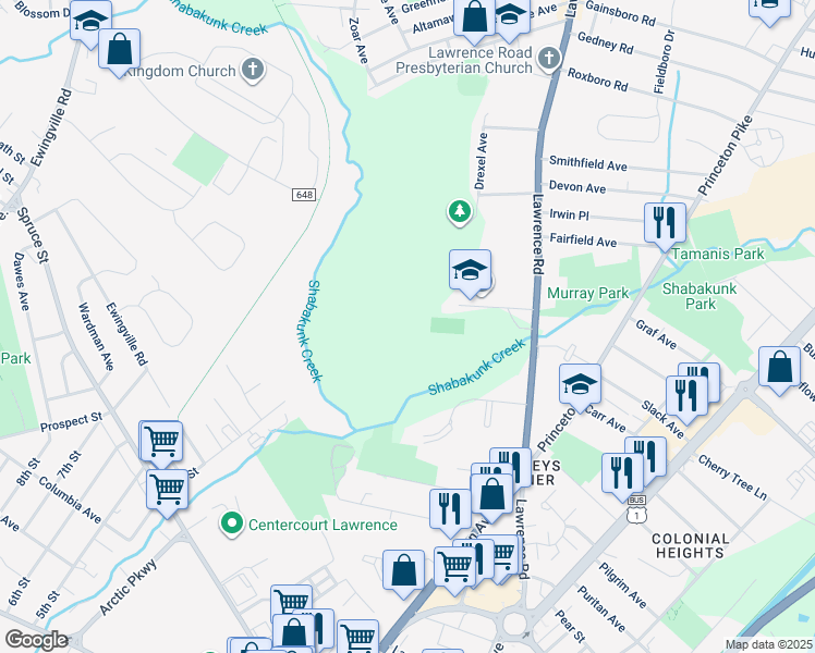 map of restaurants, bars, coffee shops, grocery stores, and more near 303 Meadow Woods Lane in Lawrence Township
