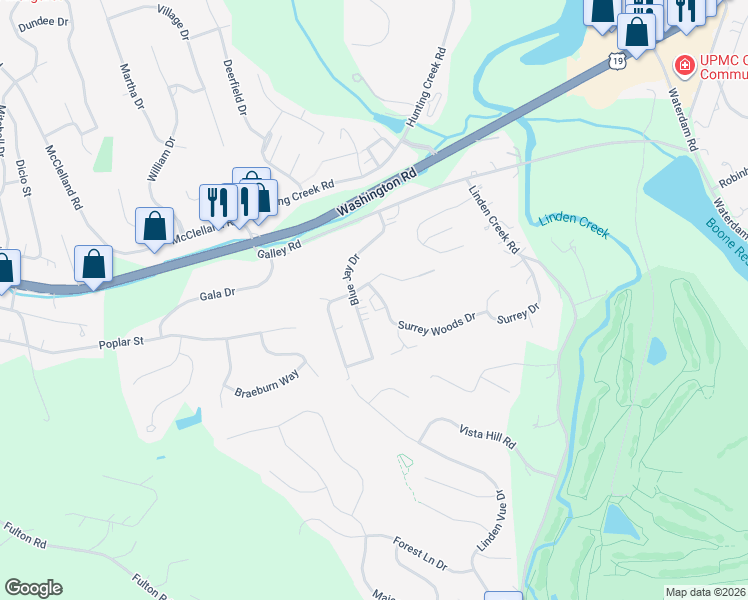 map of restaurants, bars, coffee shops, grocery stores, and more near 1005 Surrey Woods Drive in Canonsburg