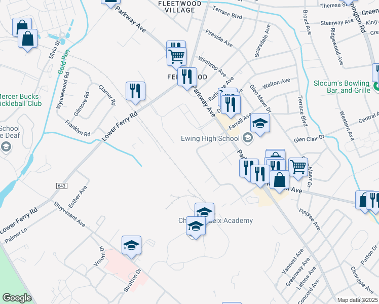 map of restaurants, bars, coffee shops, grocery stores, and more near 123 West Farrell Avenue in Ewing Township