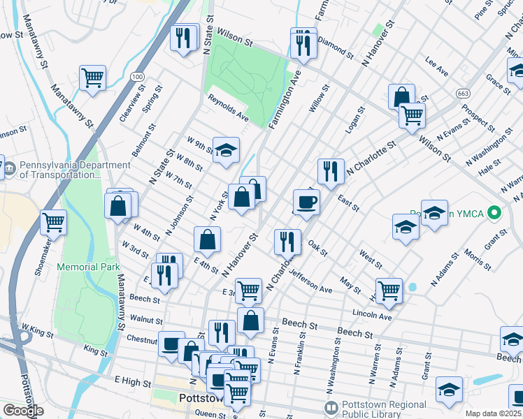 map of restaurants, bars, coffee shops, grocery stores, and more near 399 Farmington Avenue in Pottstown
