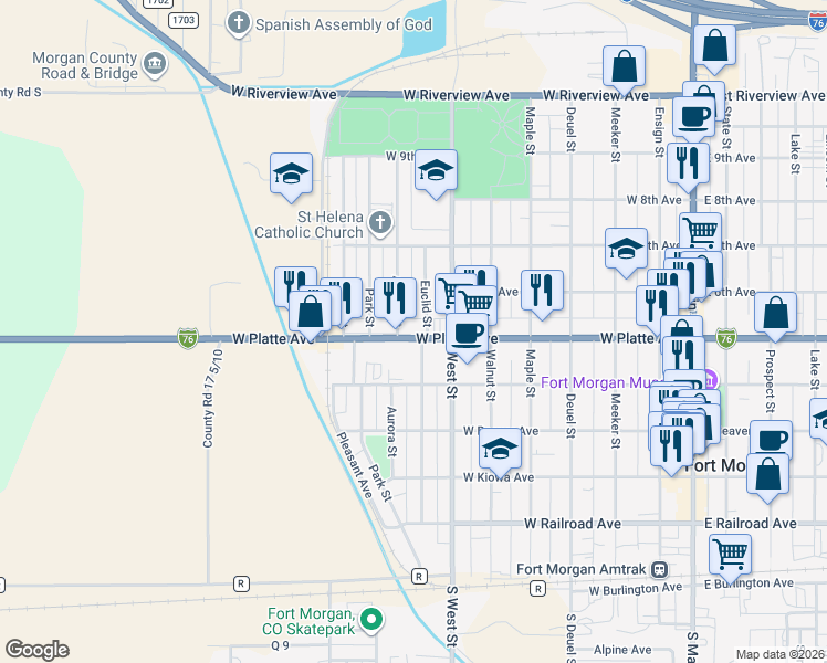 map of restaurants, bars, coffee shops, grocery stores, and more near 813 West Platte Avenue in Fort Morgan