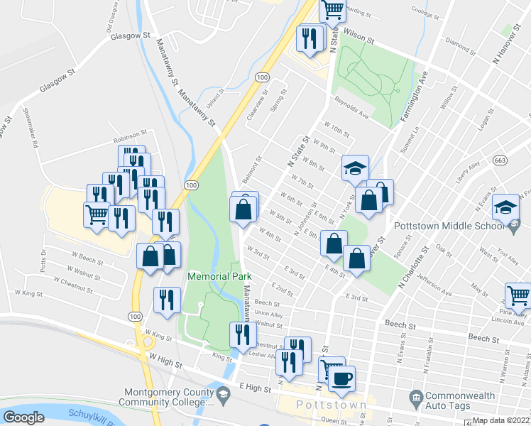 map of restaurants, bars, coffee shops, grocery stores, and more near 56 West 5th Street in Pottstown