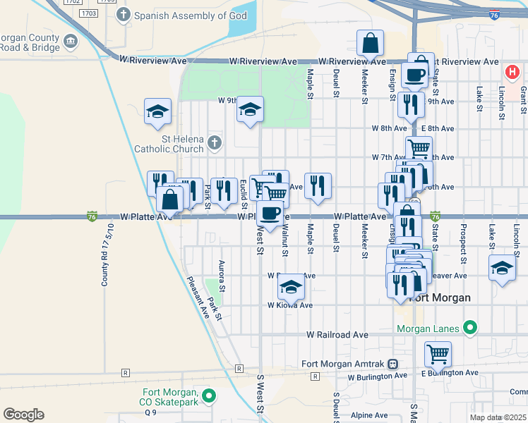 map of restaurants, bars, coffee shops, grocery stores, and more near 631 West Platte Avenue in Fort Morgan