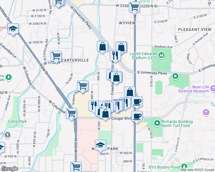 map of restaurants, bars, coffee shops, grocery stores, and more near 1535 Freedom Boulevard 200 West in Provo