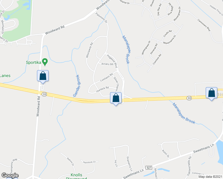map of restaurants, bars, coffee shops, grocery stores, and more near 38 Hartack Road in Manalapan Township