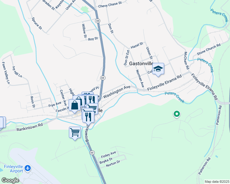 map of restaurants, bars, coffee shops, grocery stores, and more near 3606 Washington Ave in Finleyville