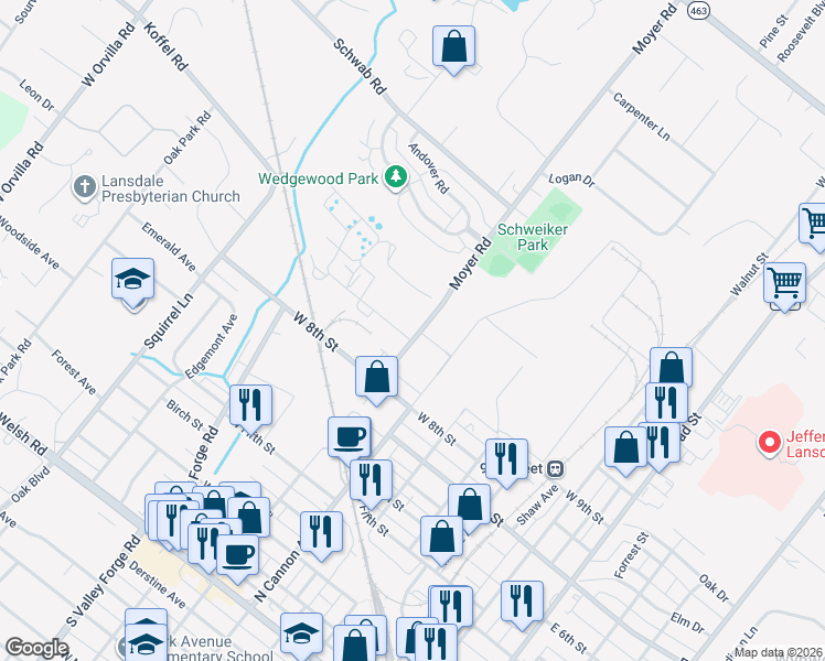 map of restaurants, bars, coffee shops, grocery stores, and more near 900 Moyers Road in Lansdale