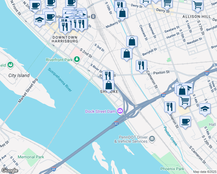 map of restaurants, bars, coffee shops, grocery stores, and more near 544 Race Street in Harrisburg