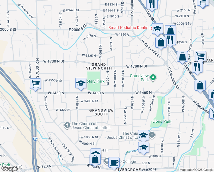 map of restaurants, bars, coffee shops, grocery stores, and more near 1500 North in Provo