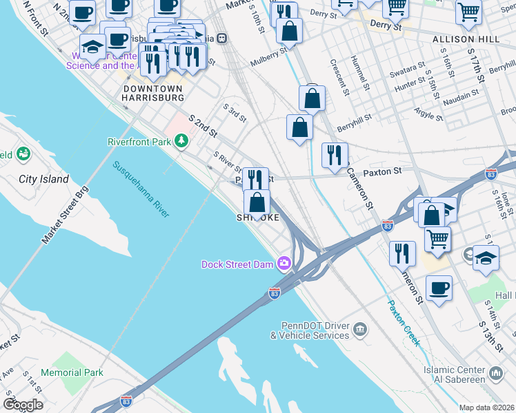 map of restaurants, bars, coffee shops, grocery stores, and more near in Harrisburg