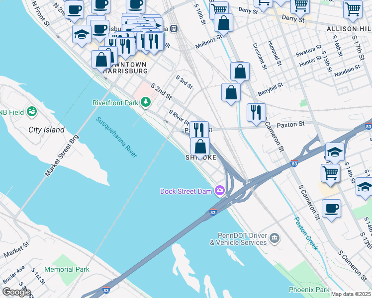 map of restaurants, bars, coffee shops, grocery stores, and more near 547 South Front Street in Harrisburg