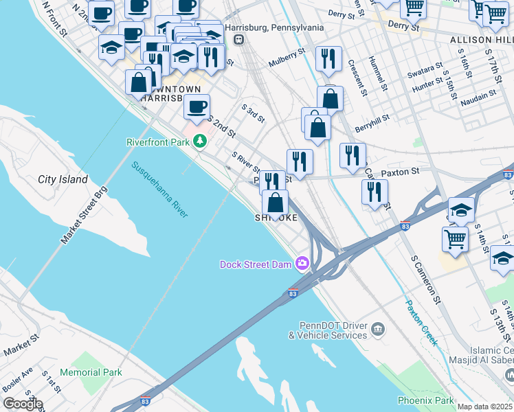 map of restaurants, bars, coffee shops, grocery stores, and more near 549 South Front Street in Harrisburg