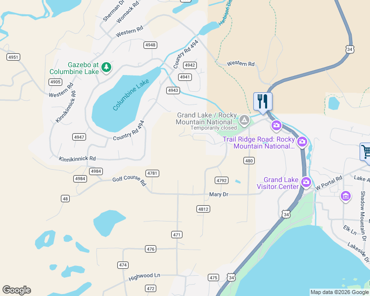 map of restaurants, bars, coffee shops, grocery stores, and more near 755 County Road in Grand Lake
