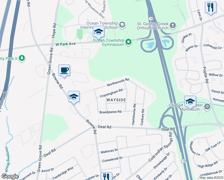 map of restaurants, bars, coffee shops, grocery stores, and more near 23 Framingham Road in Monmouth County