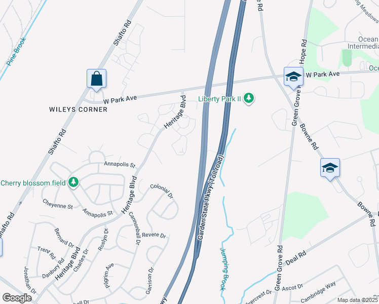 map of restaurants, bars, coffee shops, grocery stores, and more near 58 Des Moines Court in Tinton Falls