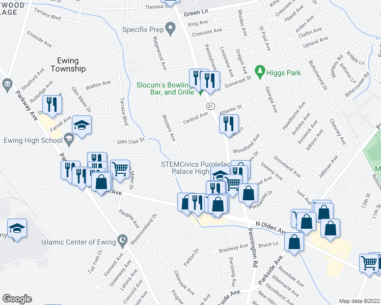 map of restaurants, bars, coffee shops, grocery stores, and more near 33 Western Avenue in Ewing Township