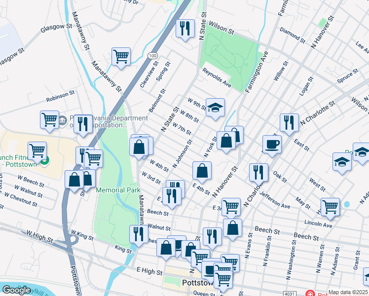 map of restaurants, bars, coffee shops, grocery stores, and more near 412 North Johnson Street in Pottstown