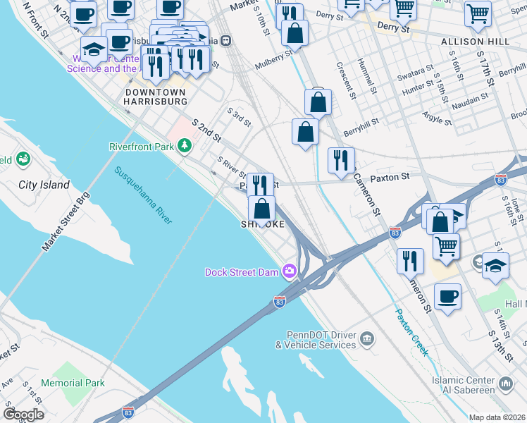 map of restaurants, bars, coffee shops, grocery stores, and more near in Harrisburg
