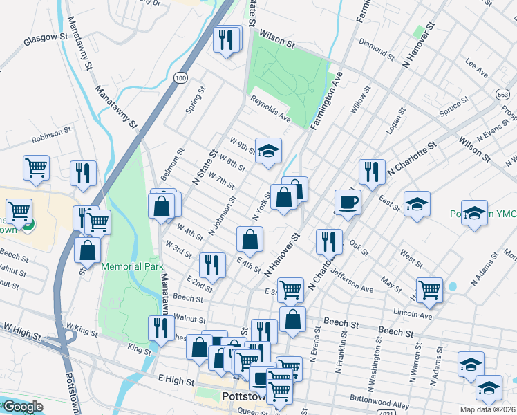 map of restaurants, bars, coffee shops, grocery stores, and more near 35 East 6th Street in Pottstown