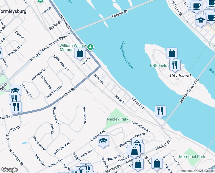 map of restaurants, bars, coffee shops, grocery stores, and more near 1 South 2nd Street in Wormleysburg