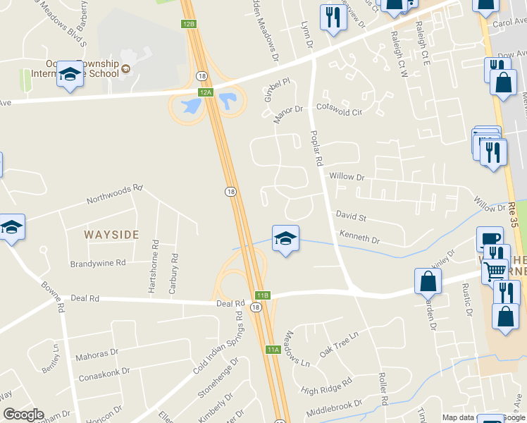 map of restaurants, bars, coffee shops, grocery stores, and more near 189 Old Orchard Lane in Monmouth County