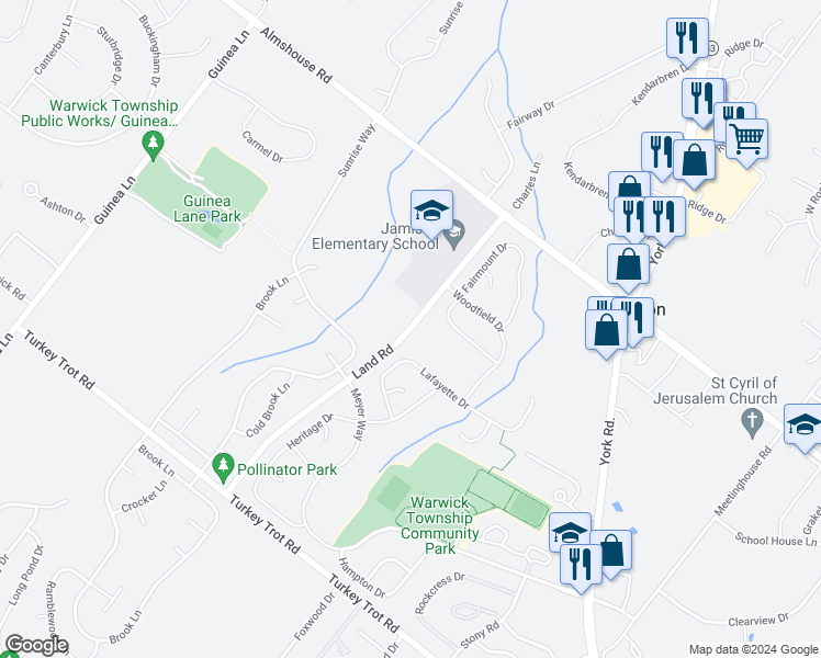 map of restaurants, bars, coffee shops, grocery stores, and more near 2052 Land Road in Jamison