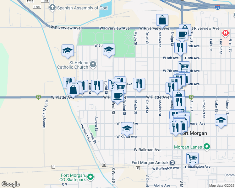 map of restaurants, bars, coffee shops, grocery stores, and more near 631 West Platte Avenue in Fort Morgan