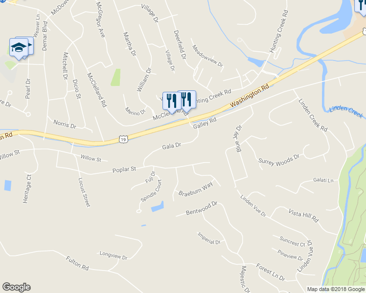 map of restaurants, bars, coffee shops, grocery stores, and more near 501 Gala Drive in Canonsburg