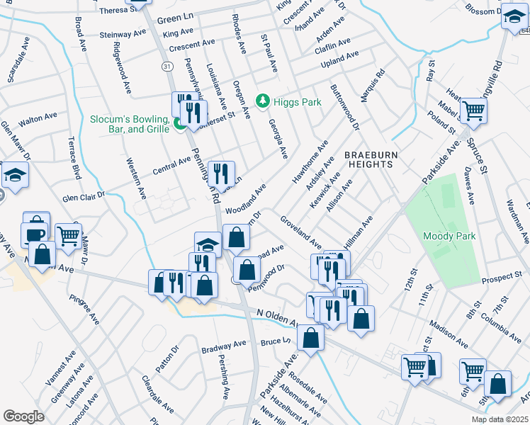 map of restaurants, bars, coffee shops, grocery stores, and more near 41 Braeburn Drive in Ewing Township