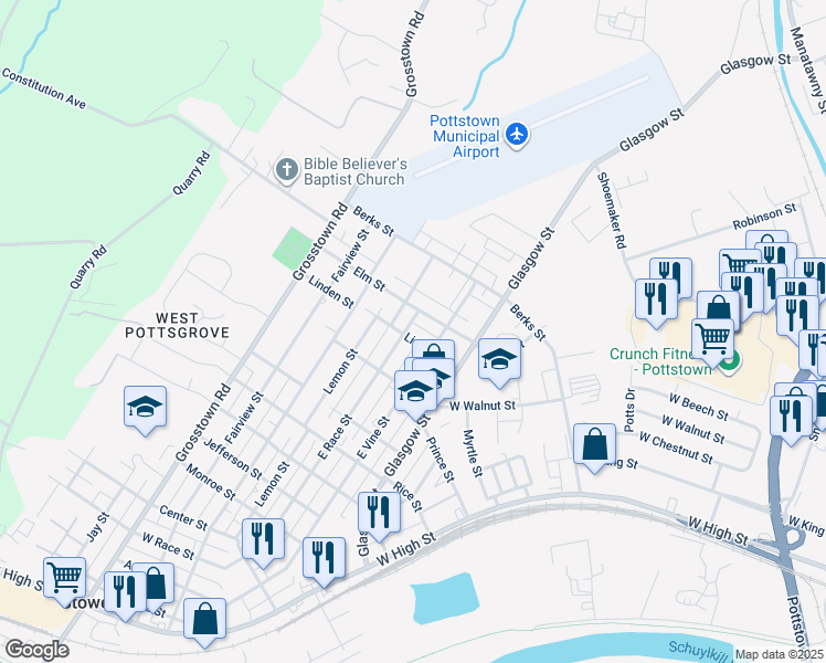 map of restaurants, bars, coffee shops, grocery stores, and more near 704 East Race Street in Stowe