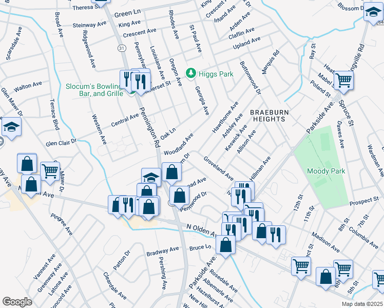 map of restaurants, bars, coffee shops, grocery stores, and more near 41 Braeburn Drive in Ewing Township