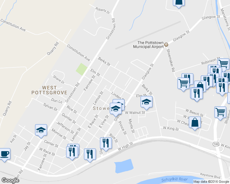 map of restaurants, bars, coffee shops, grocery stores, and more near 704 East Race Street in Stowe