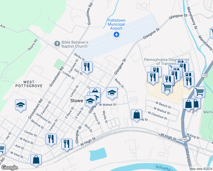 map of restaurants, bars, coffee shops, grocery stores, and more near 807 Glasgow Street in Stowe