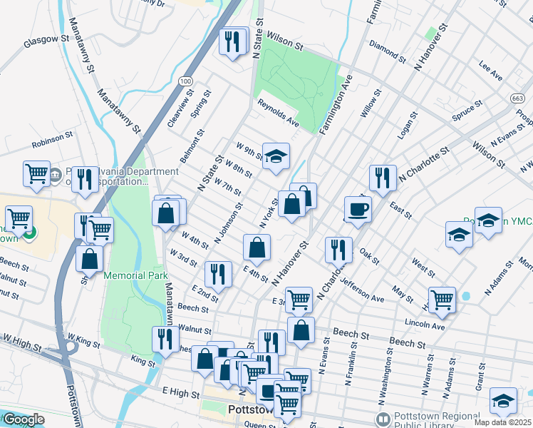 map of restaurants, bars, coffee shops, grocery stores, and more near 417 N York St in Pottstown