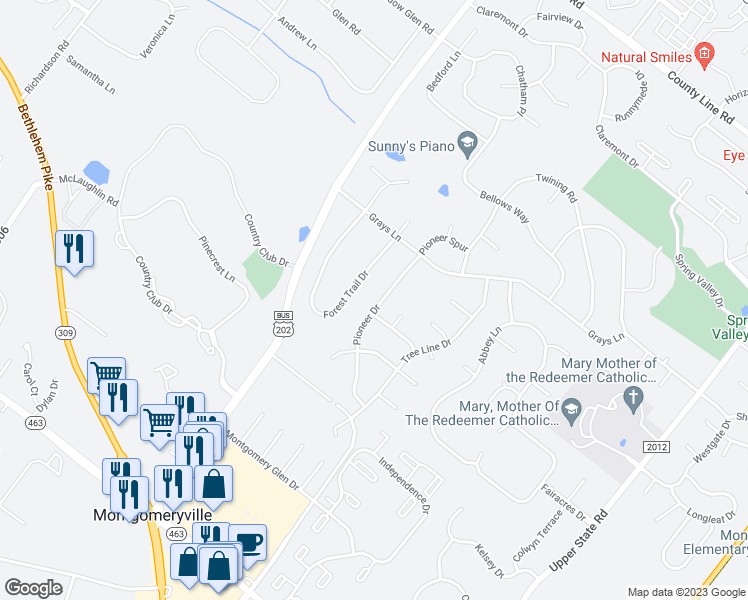 map of restaurants, bars, coffee shops, grocery stores, and more near 201 Pioneer Drive in Lansdale